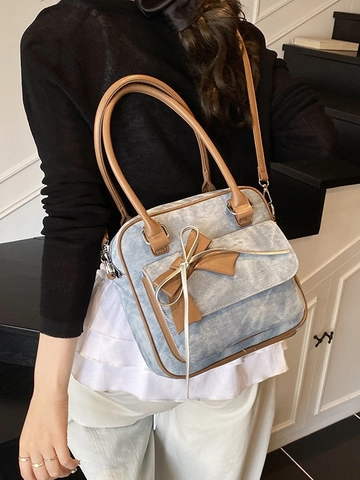 Borsa a Tracolla Quadrata da Donna in Pelle PU Retrò con Fiocco Dolce Borsa a Mano di Tendenza a Contrasto con Tracolla