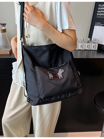 Women Casual Cartoon Dog Embroidery Patch Oxford Fabric Large Capacity Backpack Bucket Bag For School Travel Korean Style