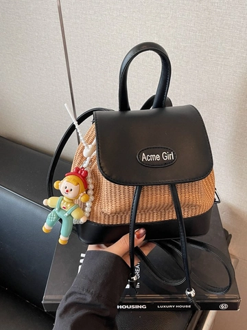 Fashion Women Mini Backpack Straw Woven PU Leather Patchwork School Travel Casual Handbag Bucket Bag With Doll Charm