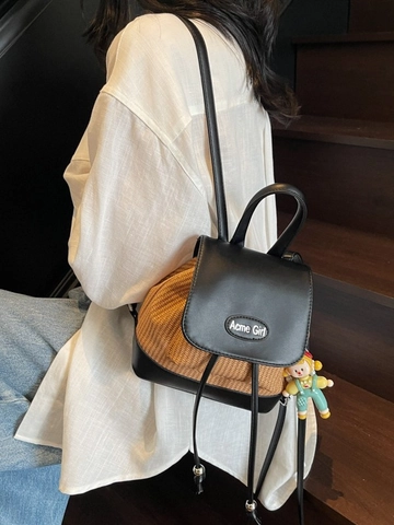 Fashion Women Mini Backpack Straw Woven PU Leather Patchwork School Travel Casual Handbag Bucket Bag With Doll Charm