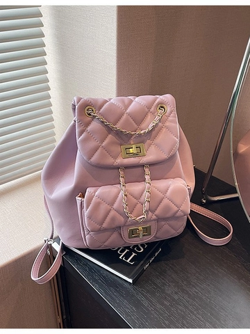 Women Fashion Rhombic Quilted Chain Backpack PU Leather Mini Backpack Daily Street Casual Shoulder Bag Elegant Gold Lock Bag