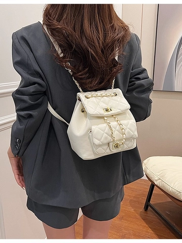 Women Fashion Rhombic Quilted Chain Backpack PU Leather Mini Backpack Daily Street Casual Shoulder Bag Elegant Gold Lock Bag