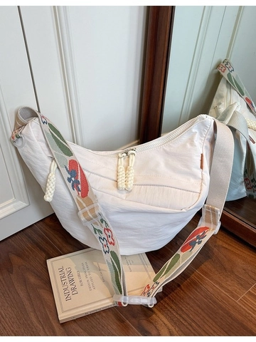Large Capacity Nylon Half Moon Shoulder Bag For Women New Dumpling Bag With Wide Embroidered Strap Braided Zipper Pull Crossbody Bag Casual Commuter Underarm Bag