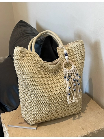 Bohemian Large Capacity Straw Woven Tote Bag For Women Summer Beach Vacation Shoulder Bag With Evil Eye Tassel Charm Handmade Handbag