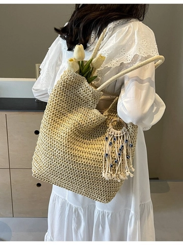 Bohemian Large Capacity Straw Woven Tote Bag For Women Summer Beach Vacation Shoulder Bag With Evil Eye Tassel Charm Handmade Handbag