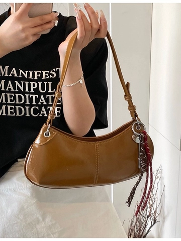 Women Minimalist PU Leather Hobo Bag Solid Color Shoulder Underarm Bag With Pendant Fashion Crescent Handbag For Daily Party