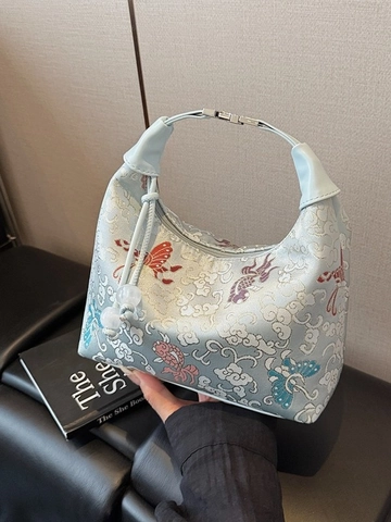 Sac Hobo Pour Femmes Style Chinois Brodé Avec Motifs Papillon Et Poisson Rouge Sac Bandoulière En Tissu Décoration De Perles