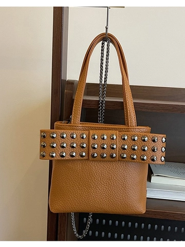 Mode PU Litschi Textur Nieten Schleife Eimertasche Für Damen Trendy Kette Schulter Umhängetasche Handgehaltene Kleine Tote Bag