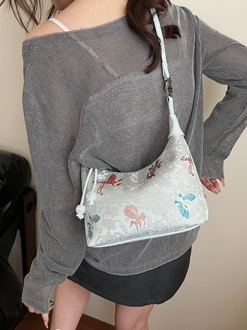 Sac Hobo Pour Femmes Style Chinois Brodé Avec Motifs Papillon Et Poisson Rouge Sac Bandoulière En Tissu Décoration De Perles