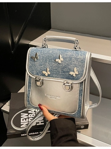 Sac à Dos Femme Mode Papillon Denim PU Couture Sac à Main Petit Sac à Dos Voyage École Avec Décor Papillon en Métal