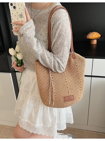 Sac Cabas Tissé Décontracté pour Femmes Avec Anses en Cuir Grande Capacité Sac à Épaule en Corde de Paille pour Vacances