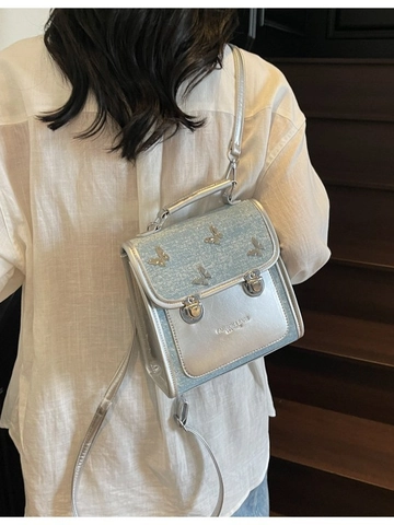 Sac à Dos Femme Mode Papillon Denim PU Couture Sac à Main Petit Sac à Dos Voyage École Avec Décor Papillon en Métal