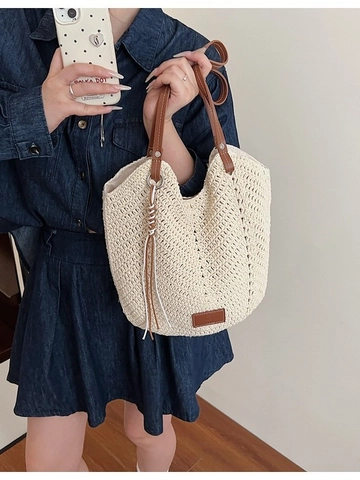 Sac Cabas Tissé Décontracté pour Femmes Avec Anses en Cuir Grande Capacité Sac à Épaule en Corde de Paille pour Vacances