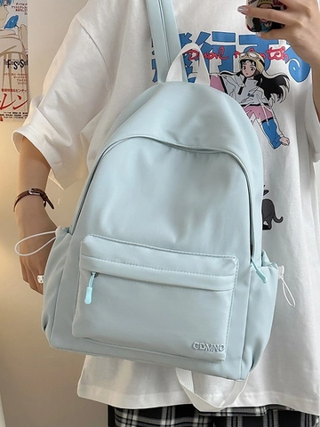 Women Casual Nylon Backpack Fashion Large Capacity Travel Bag Solid Color Multi-Pocket Schoolbag With Contrast Handle