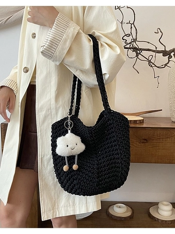 Sac Cabas Tissé à la Main pour Femmes Grande Capacité Sac à Bandoulière en Tricot Ajouré Avec Pendentif Nuage Sac de Plage Été