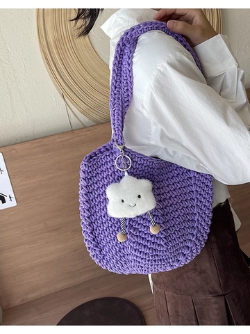 Sac Cabas Tissé à la Main pour Femmes Grande Capacité Sac à Bandoulière en Tricot Ajouré Avec Pendentif Nuage Sac de Plage Été