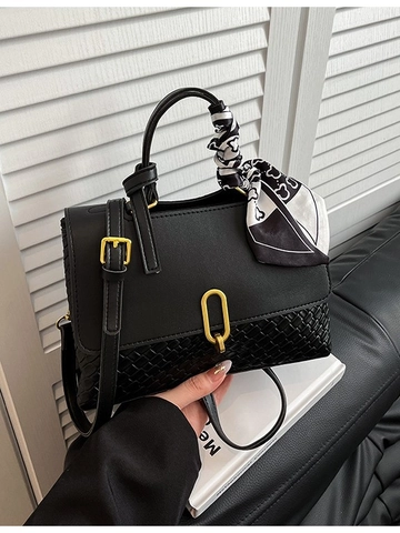 Borsa Quadrata da Donna in Pelle PU con Trama Intrecciata Elegante Borsa a Mano Patchwork con Sciarpa di Seta Borsa a Tracolla per Pendolarismo