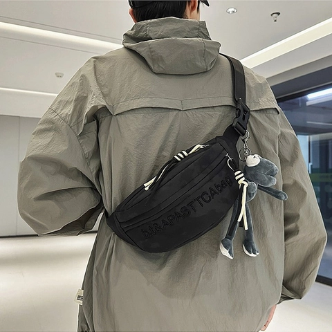 Fashion Oxford Cloth Chest Bag For Men Women Casual Outdoor Crossbody Bag With Letter Embroidery And Cartoon Plush Pendant Trendy Sporty Waist Pack