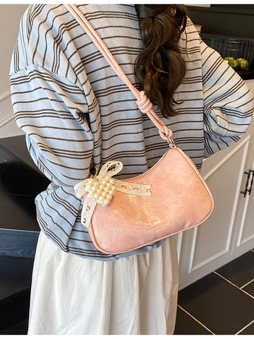 Sac À Épaule Plissé Design De Niche Pour Femmes Doux Perle Artificielle Dentelle Nœud Charme Sac Hobo Simili Cuir Sac Bandoulière
