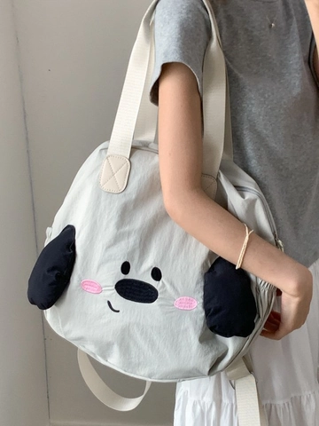 Sac Fourre-Tout en Nylon avec Visage de Chien de Dessin Animé Femme Grande Capacité Sac à Bandoulière Sac à Dos Mode