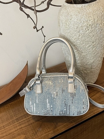 Mode Femmes Paillettes Denim Sac Boston Vintage Couleur Contraste Sac Bandoulière Petit Sac à Main Avec Bandoulière Amovible