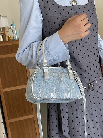 Mode Femmes Paillettes Denim Sac Boston Vintage Couleur Contraste Sac Bandoulière Petit Sac à Main Avec Bandoulière Amovible
