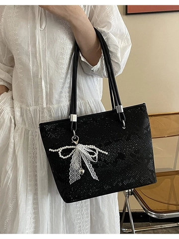 Sac Cabas Femme Grande Capacité en Cuir PU Motif Serpent Sac Bandoulière Commuter Avec Charme Nœud Perle Artificielle Sac à Main
