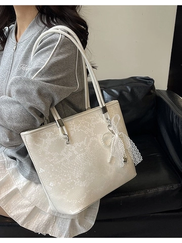 Sac Cabas Femme Grande Capacité en Cuir PU Motif Serpent Sac Bandoulière Commuter Avec Charme Nœud Perle Artificielle Sac à Main