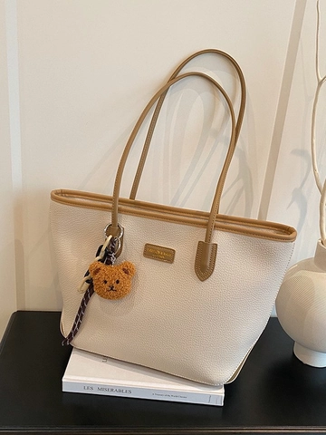 Grand Sac Cabas Femme en Cuir PU Texture Galet Sac à Épaule Navette Avec Pendentif Ours Sac à Main Mode Simple