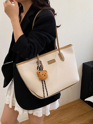 Grand Sac Cabas Femme en Cuir PU Texture Galet Sac à Épaule Navette Avec Pendentif Ours Sac à Main Mode Simple