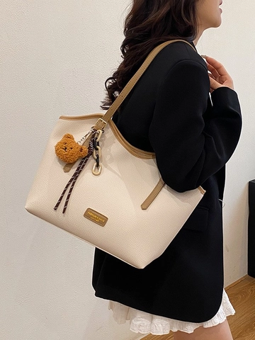 Sac Tote pour Femmes Grande Capacité Cuir PU Motif Litchi Sac à Épaule Décontracté Banlieue Vintage Sac à Main Avec Pendentif Ours