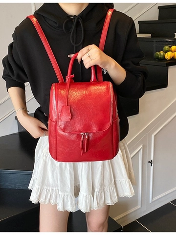 Mochila de Cubo de Cuero PU de Moda para Mujer Bolso de Mano de Viaje Minimalista con Cremallera de Metal Bolso de Hombro Doble Casual Diario de Color Sólido