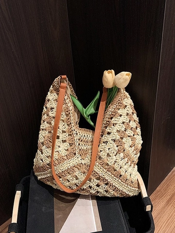 Grand Sac Cabas en Paille Tissé à la Main D'été pour Femme Sac à Bandoulière Boho au Crochet avec Sangle en Cuir PU