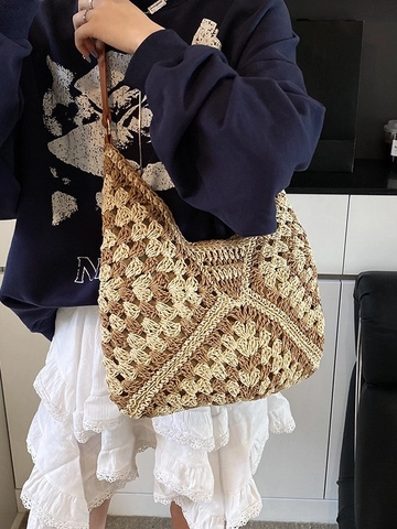 Grand Sac Cabas en Paille Tissé à la Main D'été pour Femme Sac à Bandoulière Boho au Crochet avec Sangle en Cuir PU
