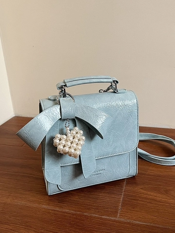 Bowknot PU Leather Backpack Women Fashion Mini Square Bag With Pearl Heart Pendant Wrinkled Texture Crossbody Handbag
