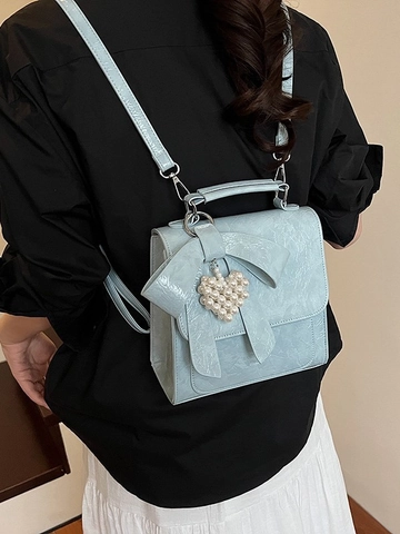 Bowknot PU Leather Backpack Women Fashion Mini Square Bag With Pearl Heart Pendant Wrinkled Texture Crossbody Handbag