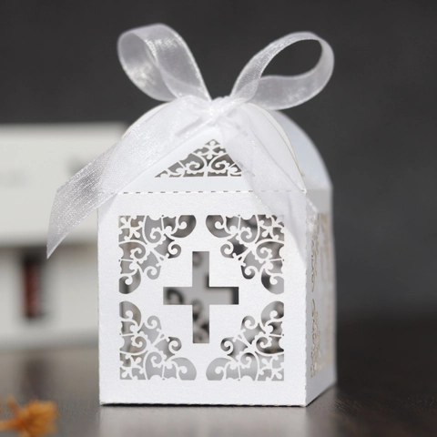 Lasergeschnittene Gastgeschenkbox Perlmuttpapier Süßigkeiten Geschenkbox Mit Schleife Für Hochzeit Taufe Religiöse Feier