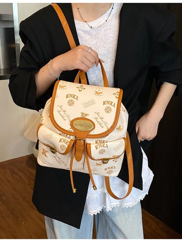 Women Vintage Synthetic Leather Monogram Backpack Fashion Printed School Bag With Double Front Pockets Drawstring Flap Bag