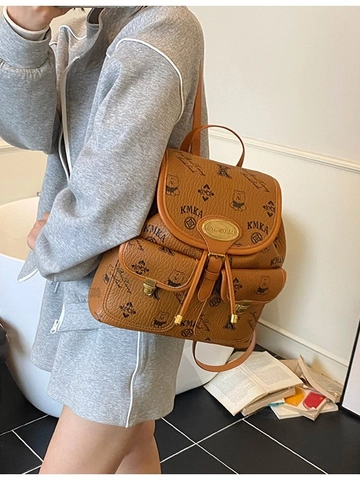 Women Vintage Synthetic Leather Monogram Backpack Fashion Printed School Bag With Double Front Pockets Drawstring Flap Bag