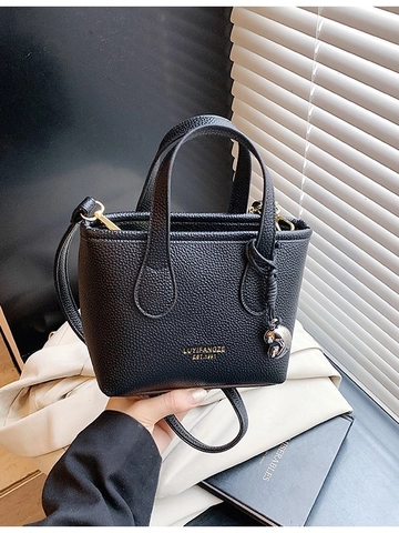 Sac Seau Mini pour Femme en Cuir PU Motif Litchi Sac à Main avec Pendentif en Métal Coeur Sac à Bandoulière Quotidien