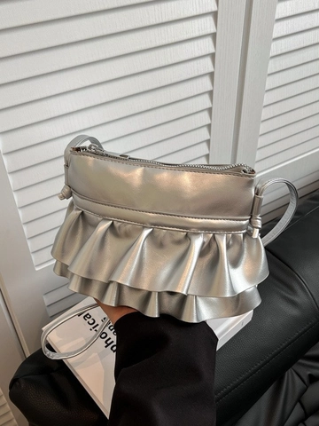 Koreanischer Stil Rüschen Plissee Umhängetasche Für Damen PU Leder Kleine Quadratische Schultertasche Silber Mini Tasche