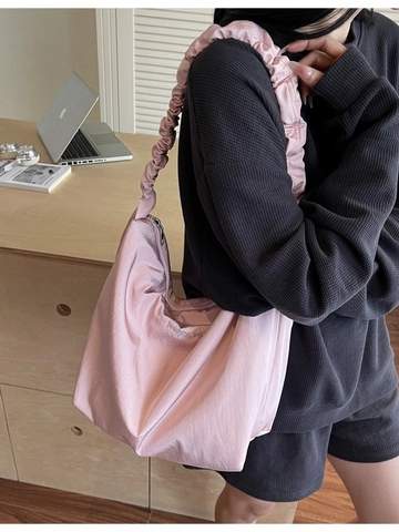 Large Capacity Canvas Crossbody Bag For Women Ruched Scrunchie Strap Tote Bag Fashion Embroidery Casual Shoulder Bag