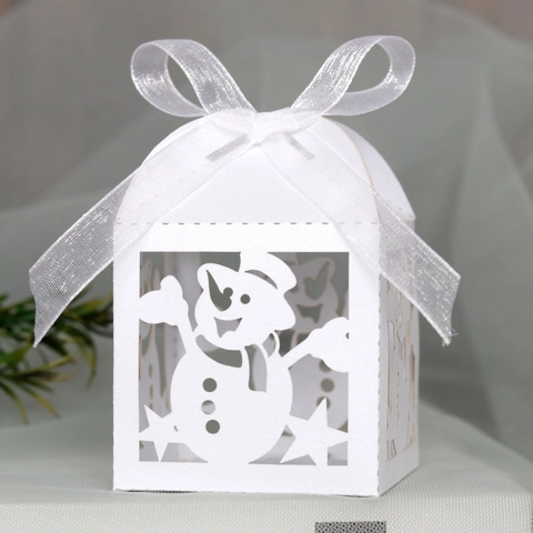 Christmas Snowman Laser Cut Candy Box With Ribbon Pearlescent Paper Gift Boxes For Holiday Wedding Party Favors