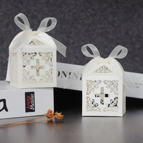 Lasergeschnittene Gastgeschenkbox Perlmuttpapier Süßigkeiten Geschenkbox Mit Schleife Für Hochzeit Taufe Religiöse Feier