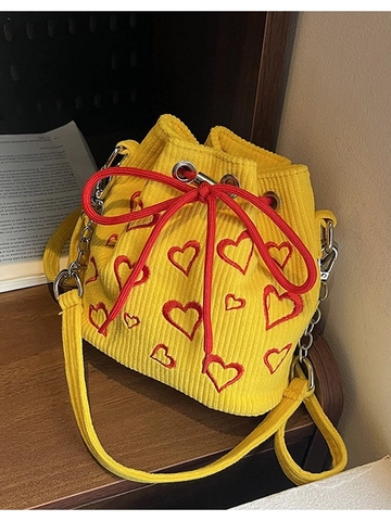 Women's Vintage Corduroy Heart Embroidery Bucket Bag Sweet Drawstring Crossbody Bag With Chain Strap Small Shoulder Pouch