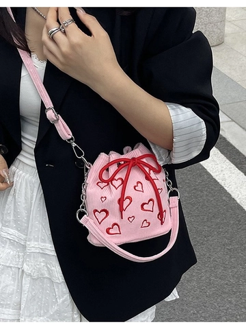 Women's Vintage Corduroy Heart Embroidery Bucket Bag Sweet Drawstring Crossbody Bag With Chain Strap Small Shoulder Pouch