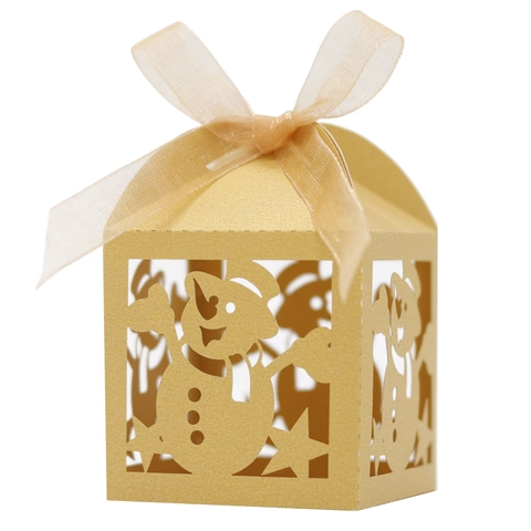Christmas Snowman Laser Cut Candy Box With Ribbon Pearlescent Paper Gift Boxes For Holiday Wedding Party Favors