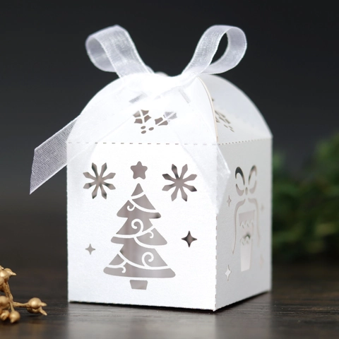 Boîte Cadeau de Noël Découpe Laser Boîte à Bonbons Ruban Motif Sapin de Noël Papier Pliante pour Décoration de Fête