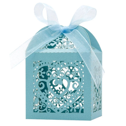 Scatola di Caramelle in Carta Perlata a Forma di Cuore Tagliata al Laser Con Fiocco in Nastro per Matrimonio Festa Regalo