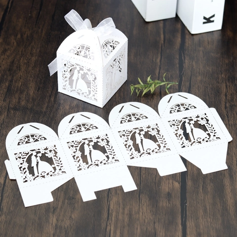 Scatole di Caramelle per Matrimonio Taglio Laser Con Nastro Silhouette Sposi Scatole Regalo Fiori Cavate per Festa di Nozze